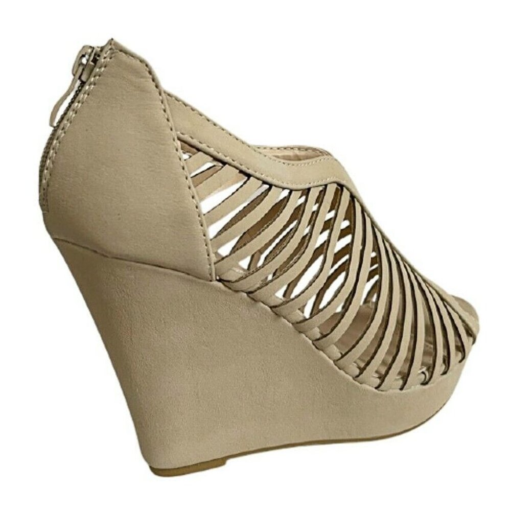 Top Moda Women's Birdcage Gladiator Wedge Sandals | Nude Beige Platform Heels - Picture 5 of 8